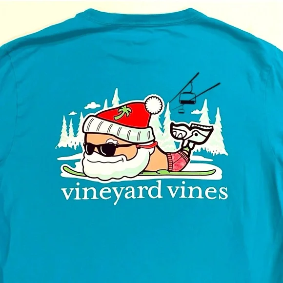 Vineyard Vines Long Sleeve Tee Mens Medium Santa Skis Whale Pocket T-Shirt Blue - Picture 5 of 6